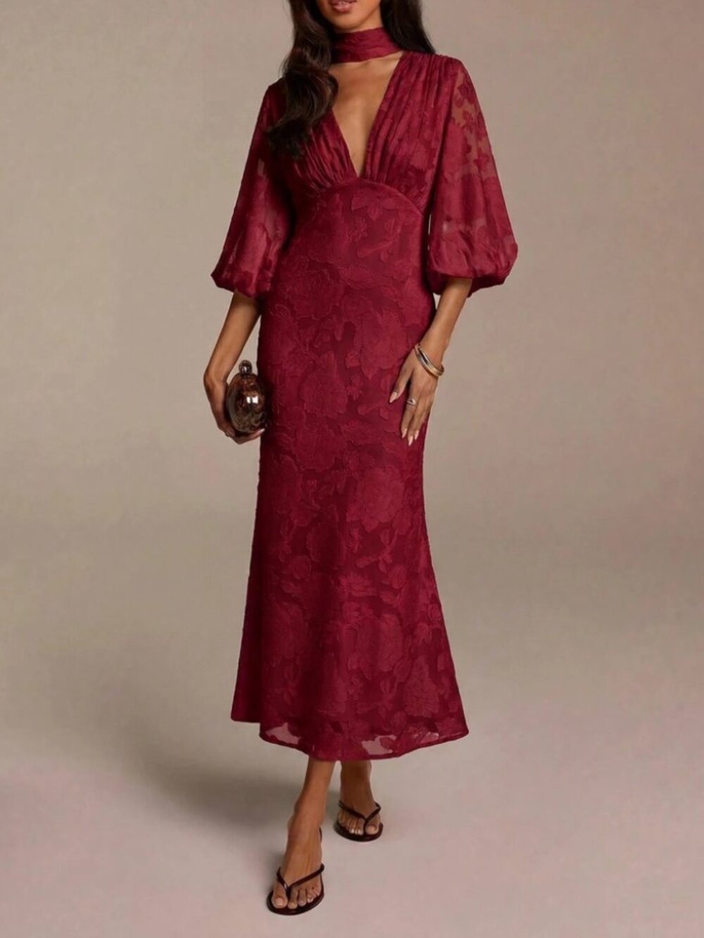 Burgundy Floral Jacquard Maxi Dress with Choker Scarf Neck
